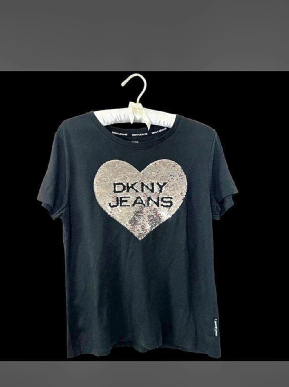 DKNY Jeans Sequin Heart Short Sleeve Tee in Black